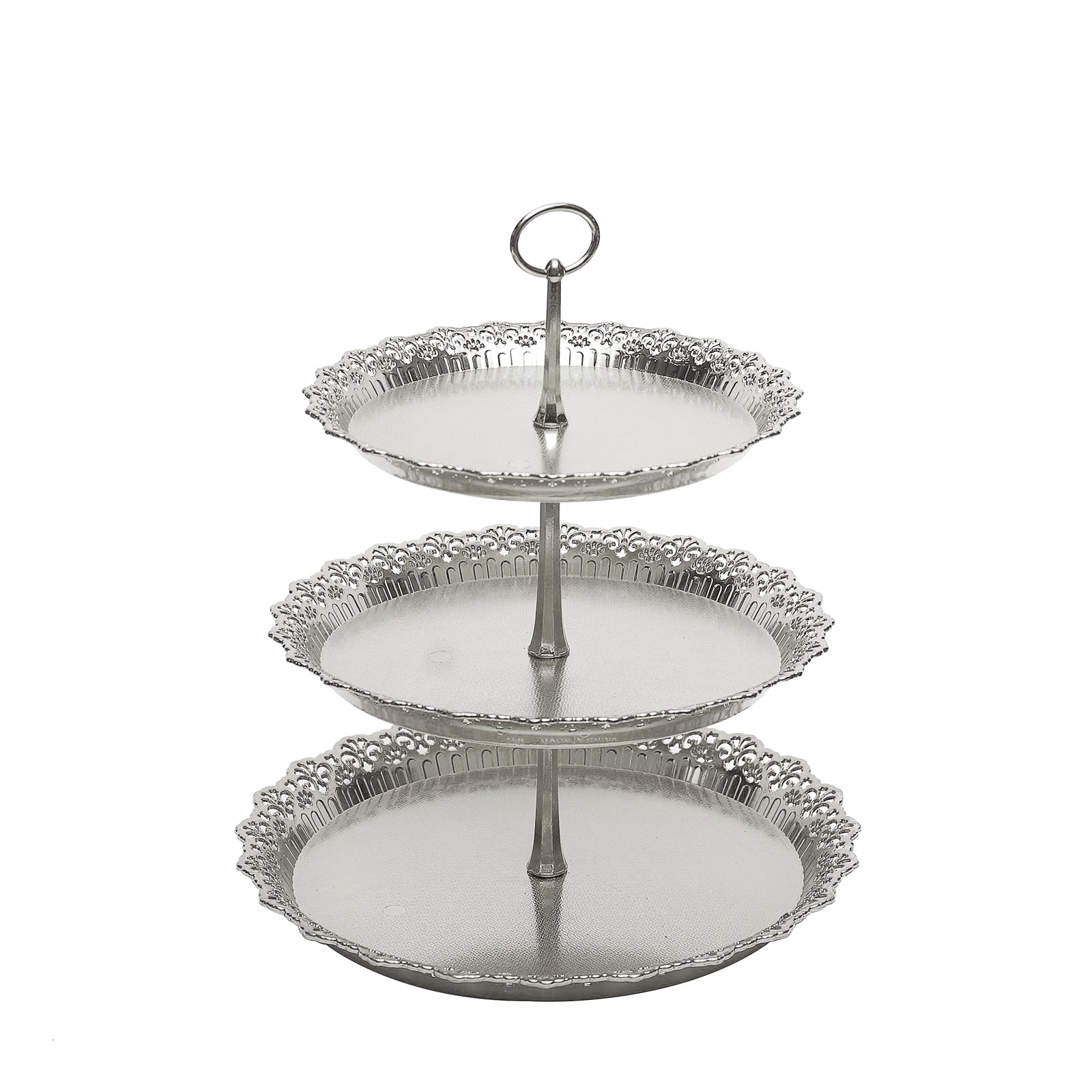 15" metallic silver 3-tier round cupcake stand with lace cut edges.
