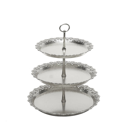 15" metallic silver 3-tier round cupcake stand with lace cut edges.
