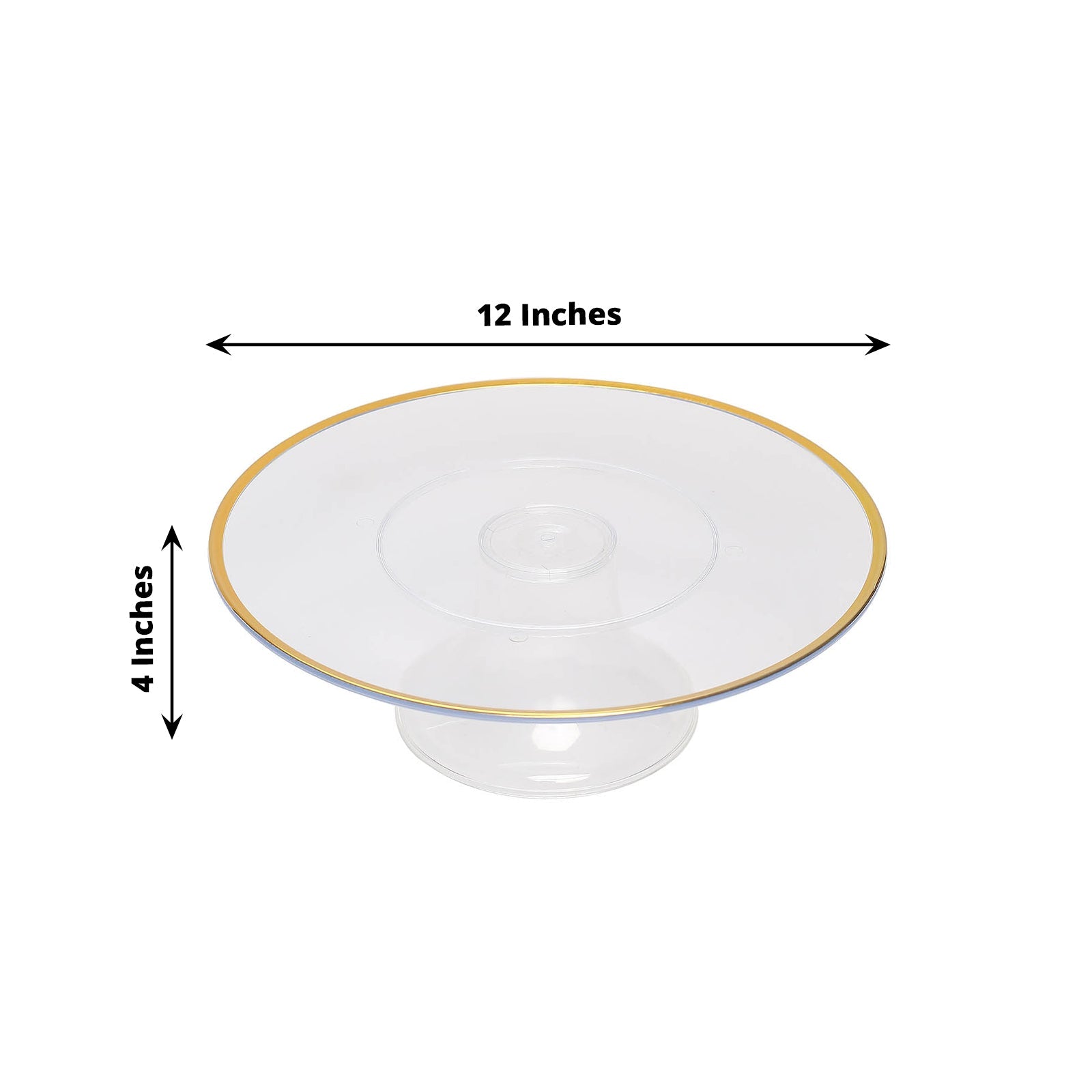 Clear cupcake stand with gold rim, 12 inches in diameter.