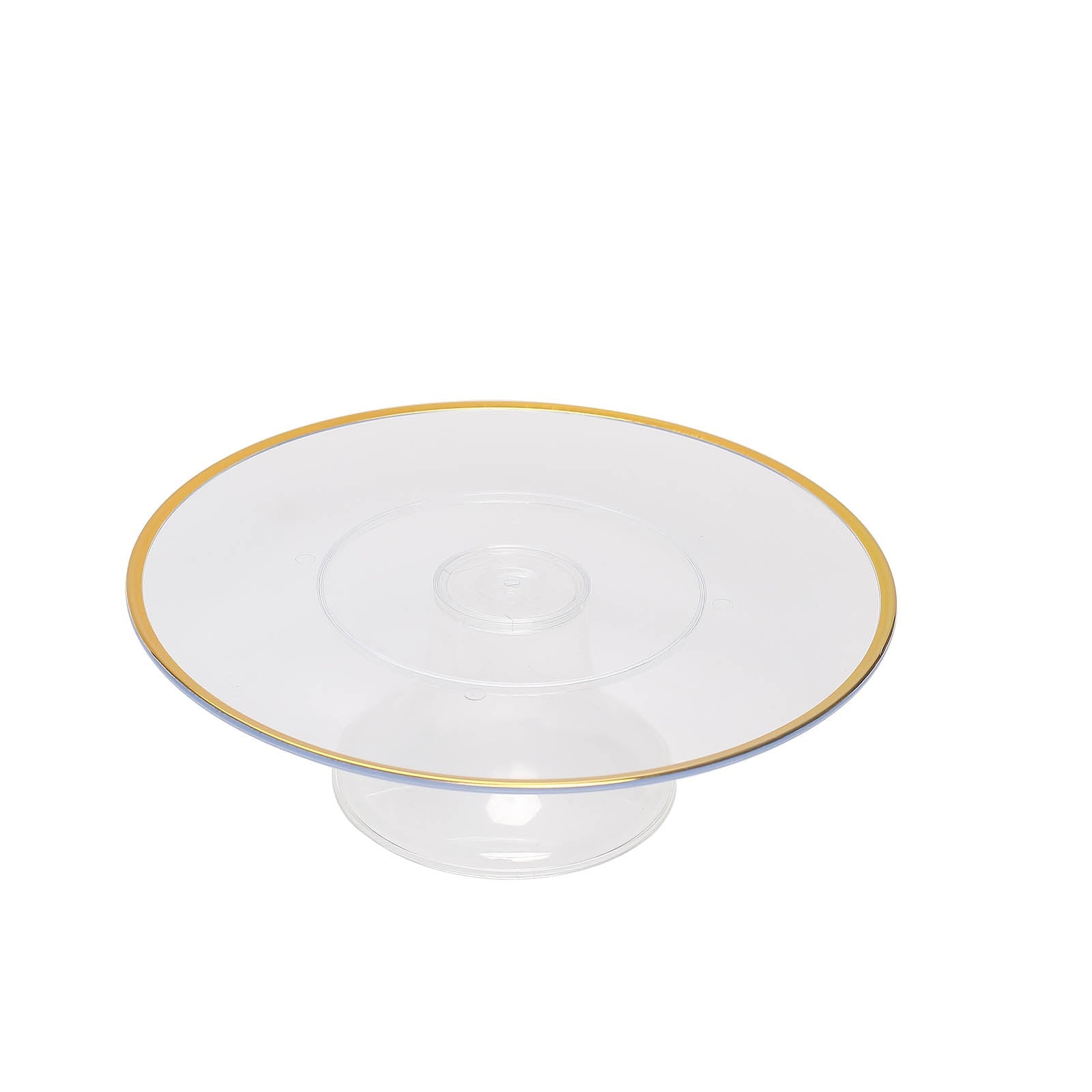 Clear plastic cupcake display riser with gold rim, 12 inches.