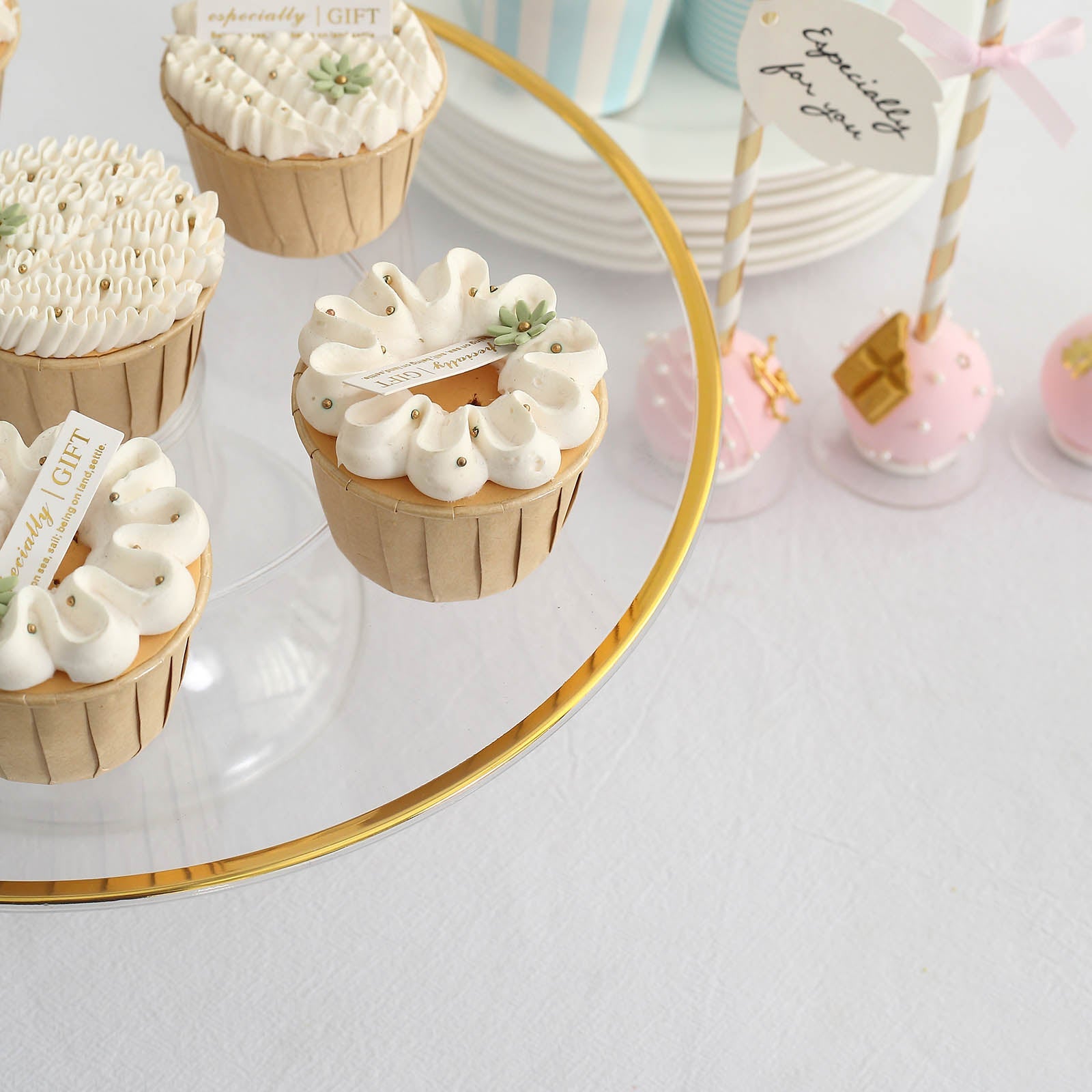 12" Clear Plastic Cupcake Stand with Gold Rim for Dessert Display