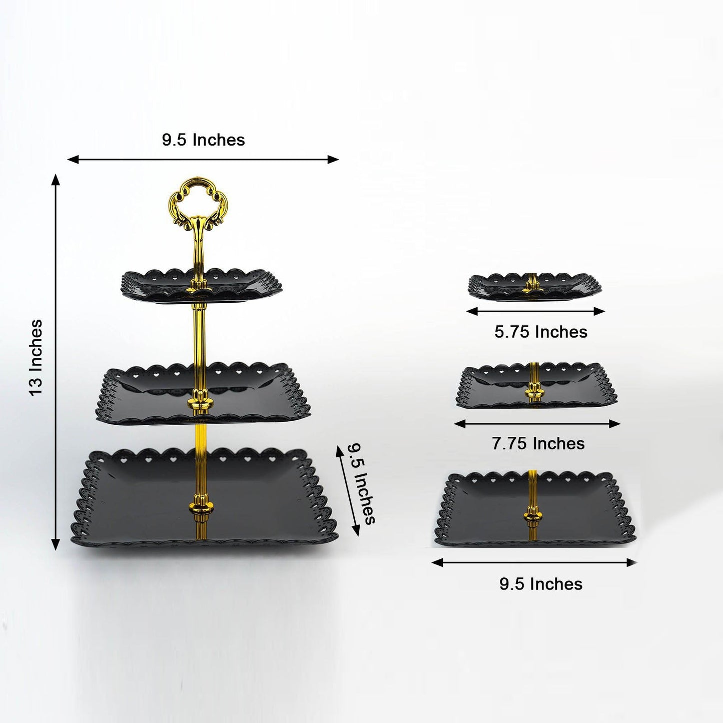 Black and gold 3-tier cupcake stand with heart wavy edges and top handle.