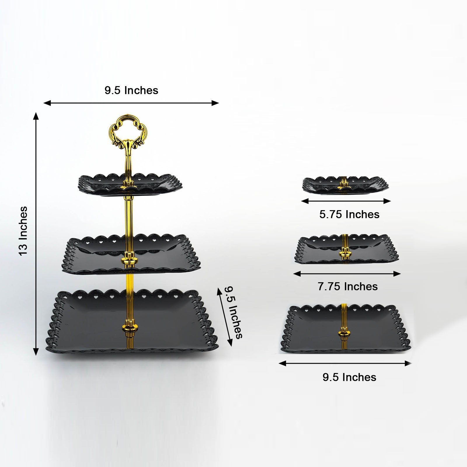 Black and gold 3-tier cupcake stand with heart wavy edges and top handle.