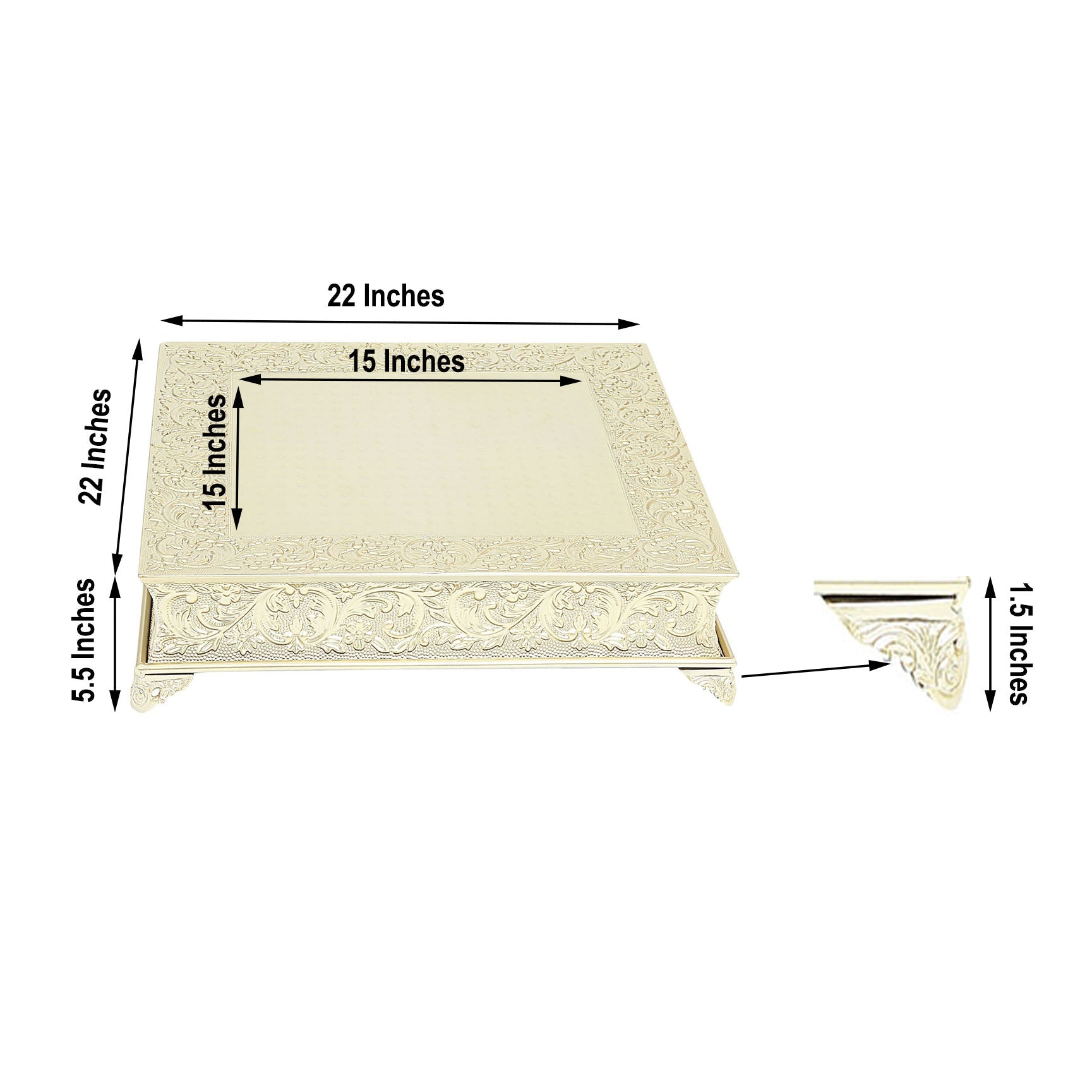 22" square gold embossed metal cake pedestal and riser.