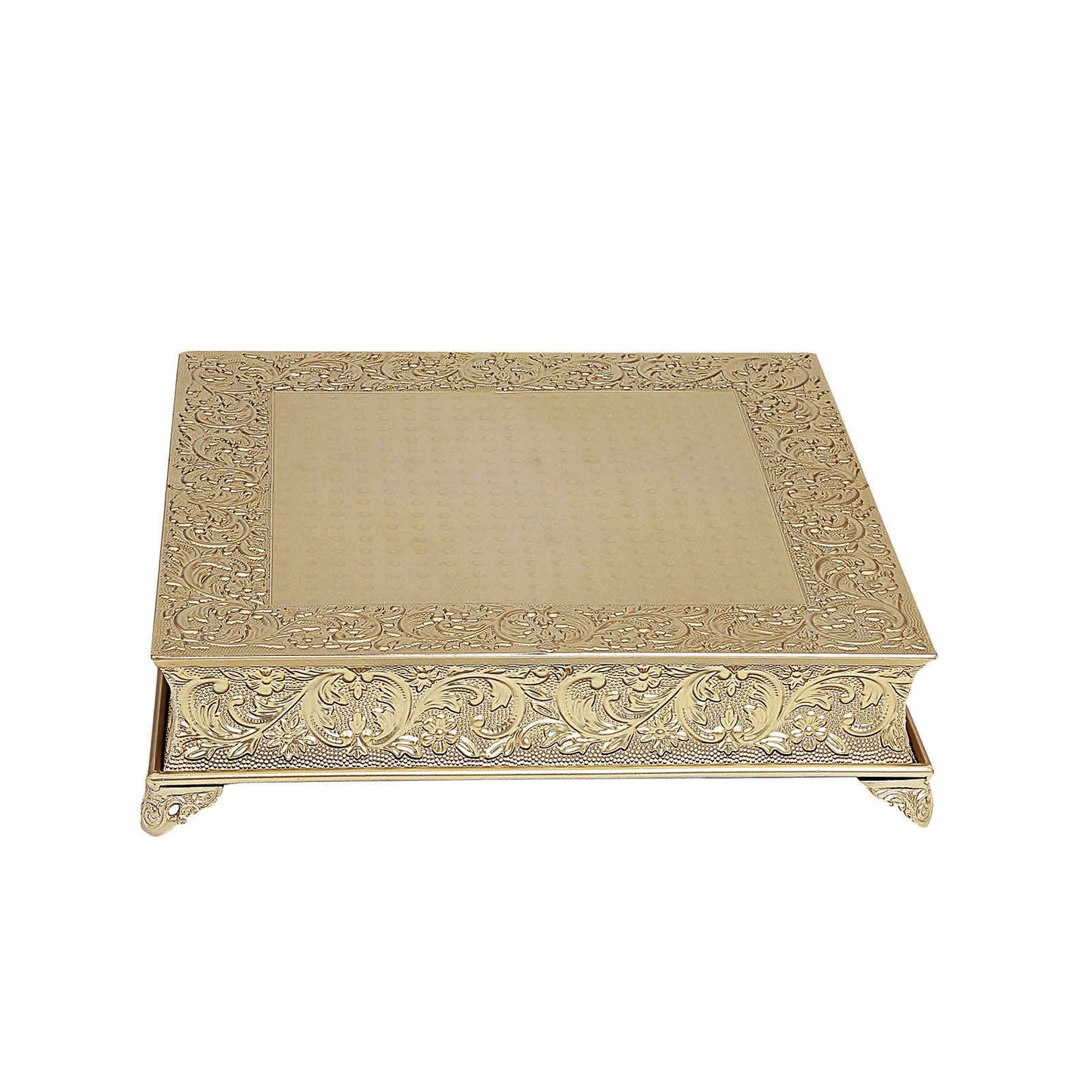 Gold embossed square cake pedestal, perfect for displaying desserts.