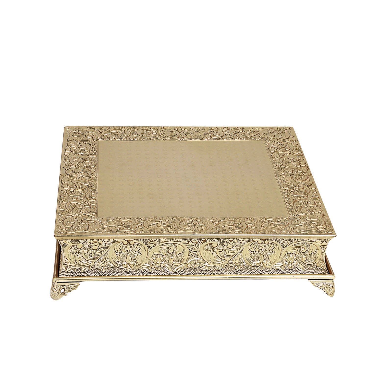 Gold embossed square cake pedestal, perfect for displaying desserts.
