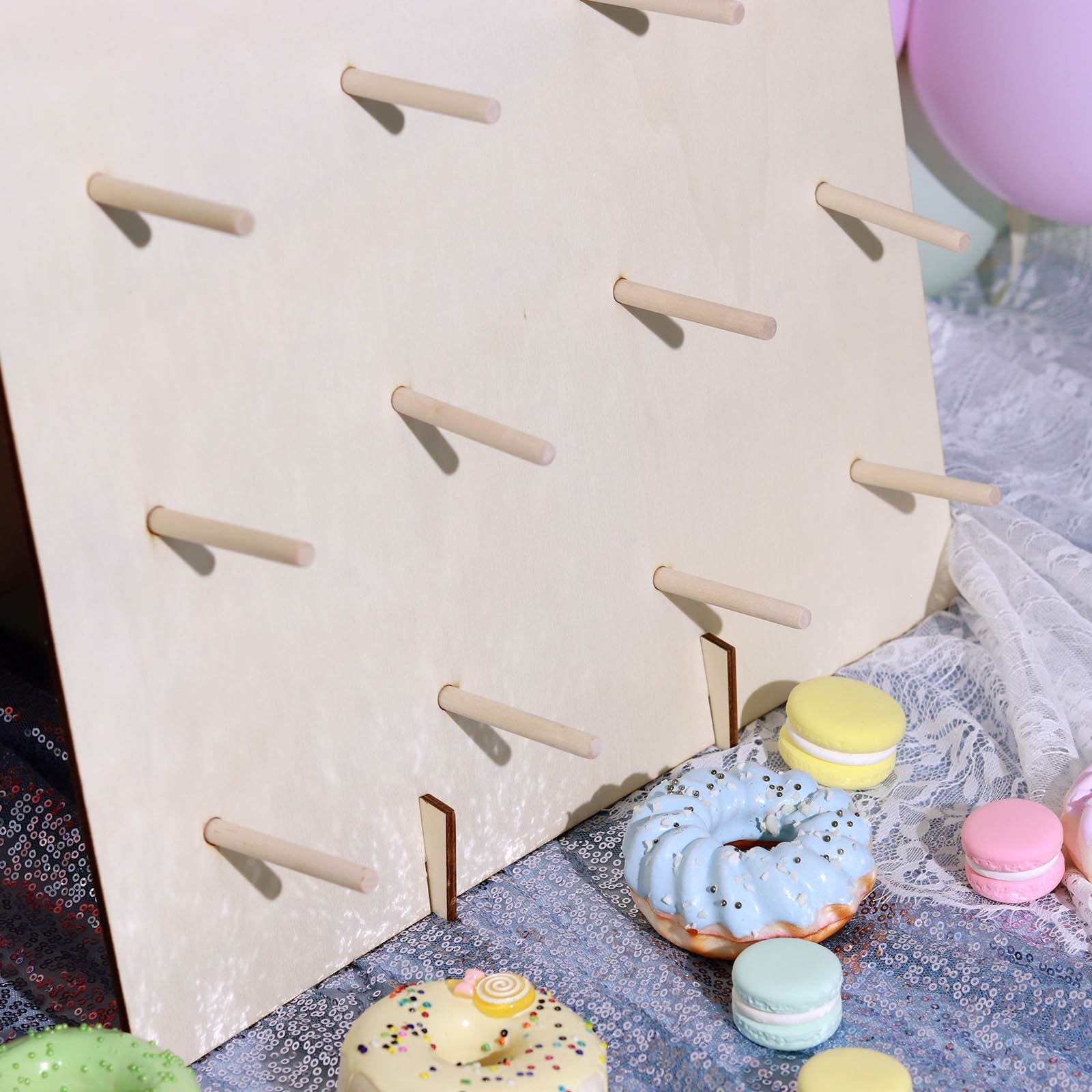 19" detachable rectangular donut bar display stand in natural wood color.