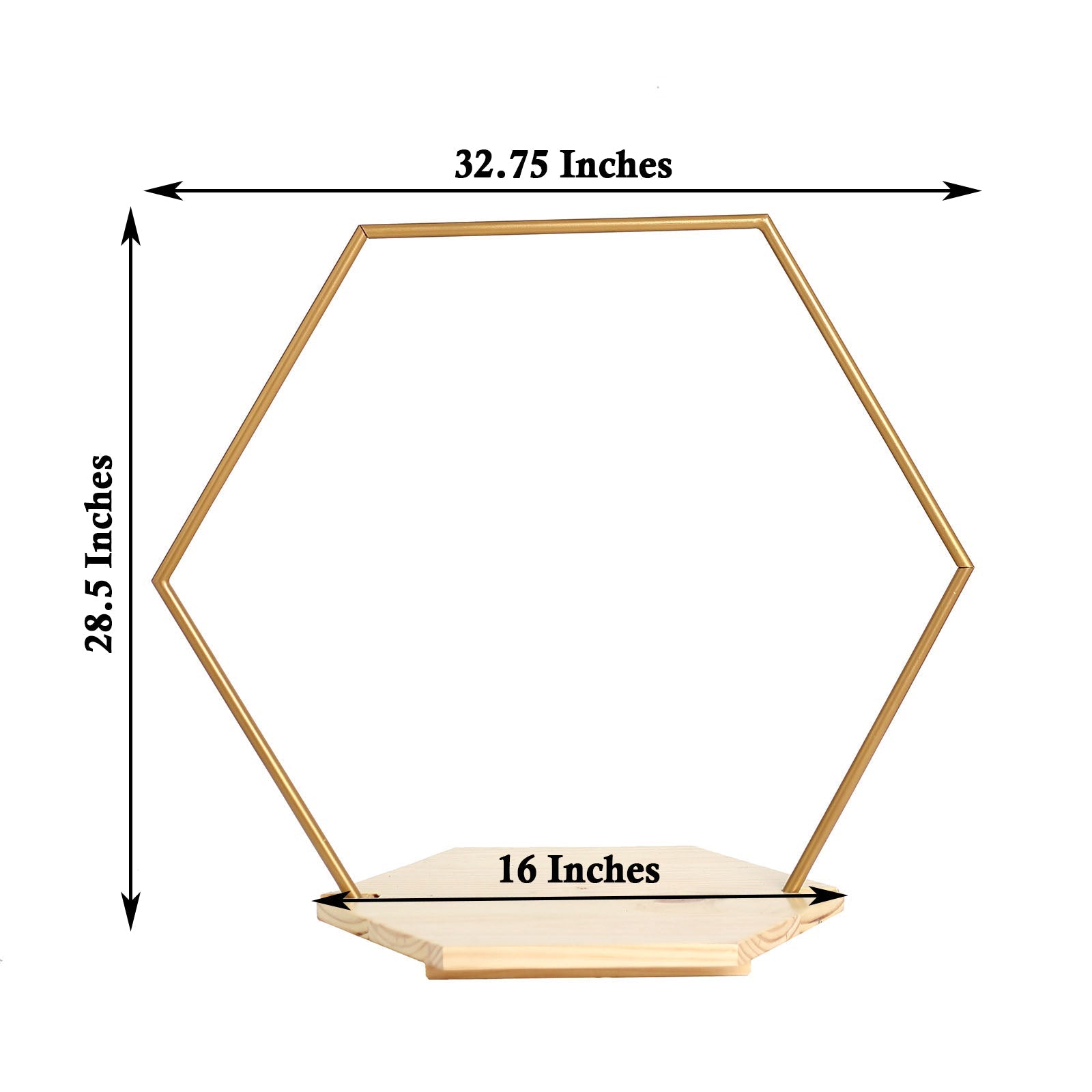Gold hexagon metal floral hoop cake stand with wooden base.