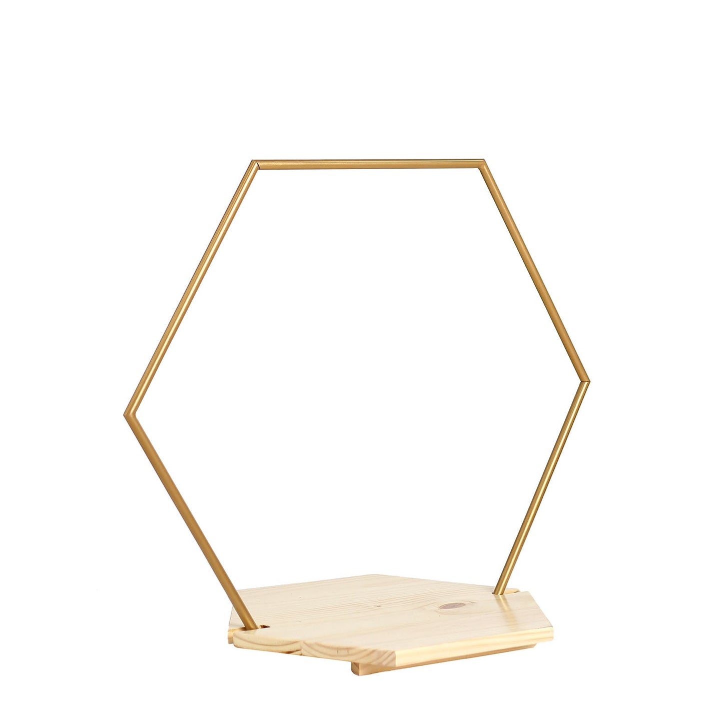 Gold hexagon metal floral hoop cake stand with wooden base.