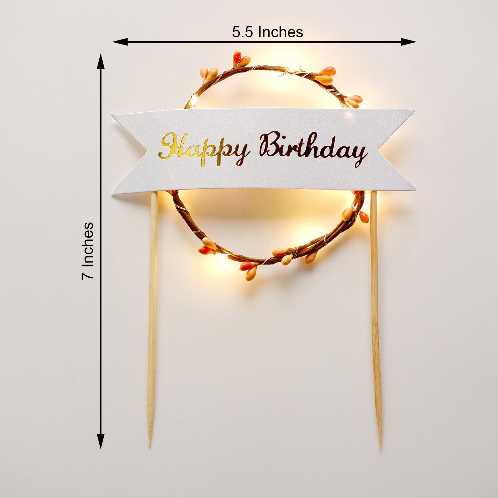 LED light up birthday cake topper with a golden "Happy Birthday" banner.