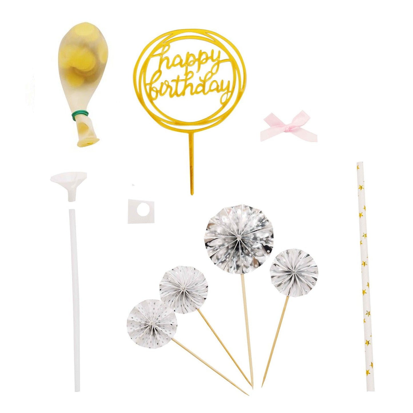 Gold birthday cake topper and decor with white mini paper fans and balloon.
