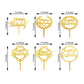 Gold acrylic birthday cake toppers in assorted styles for party decoration.