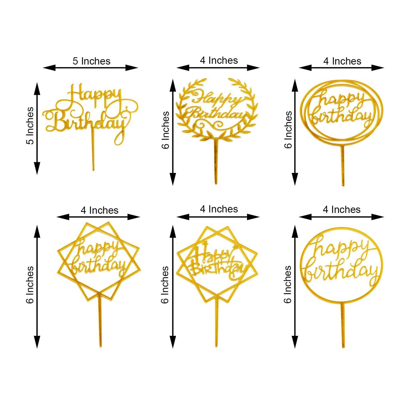 Gold acrylic birthday cake toppers in assorted styles for party decoration.