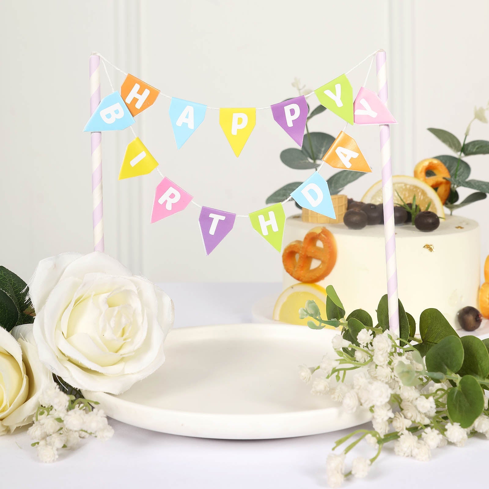 Happy Birthday Banner With Multi Color Bunting And Cake Topper