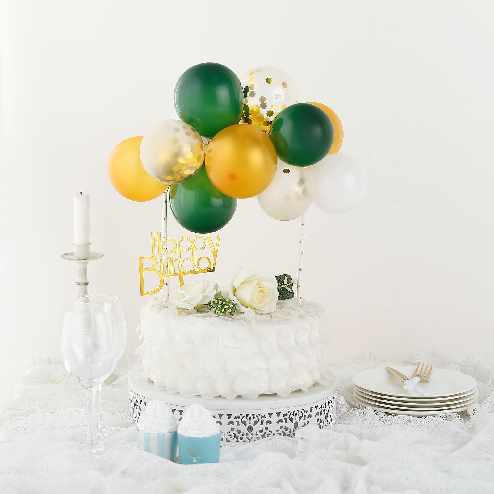 11 Pieces Mini Balloon Confetti Clear Gold Hunter Green and White Mini Cloud Cake Topper Garland