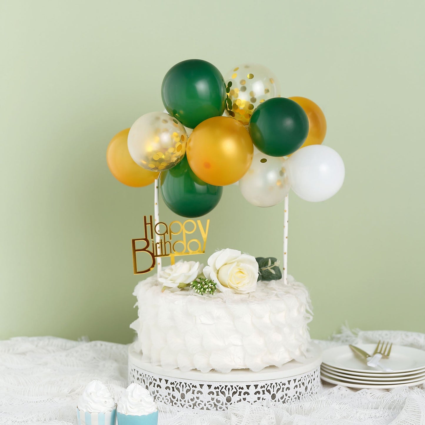 Mini Balloon Confetti Clear Gold Hunter Green and White Cloud Cake Topper Garland 11 Pieces