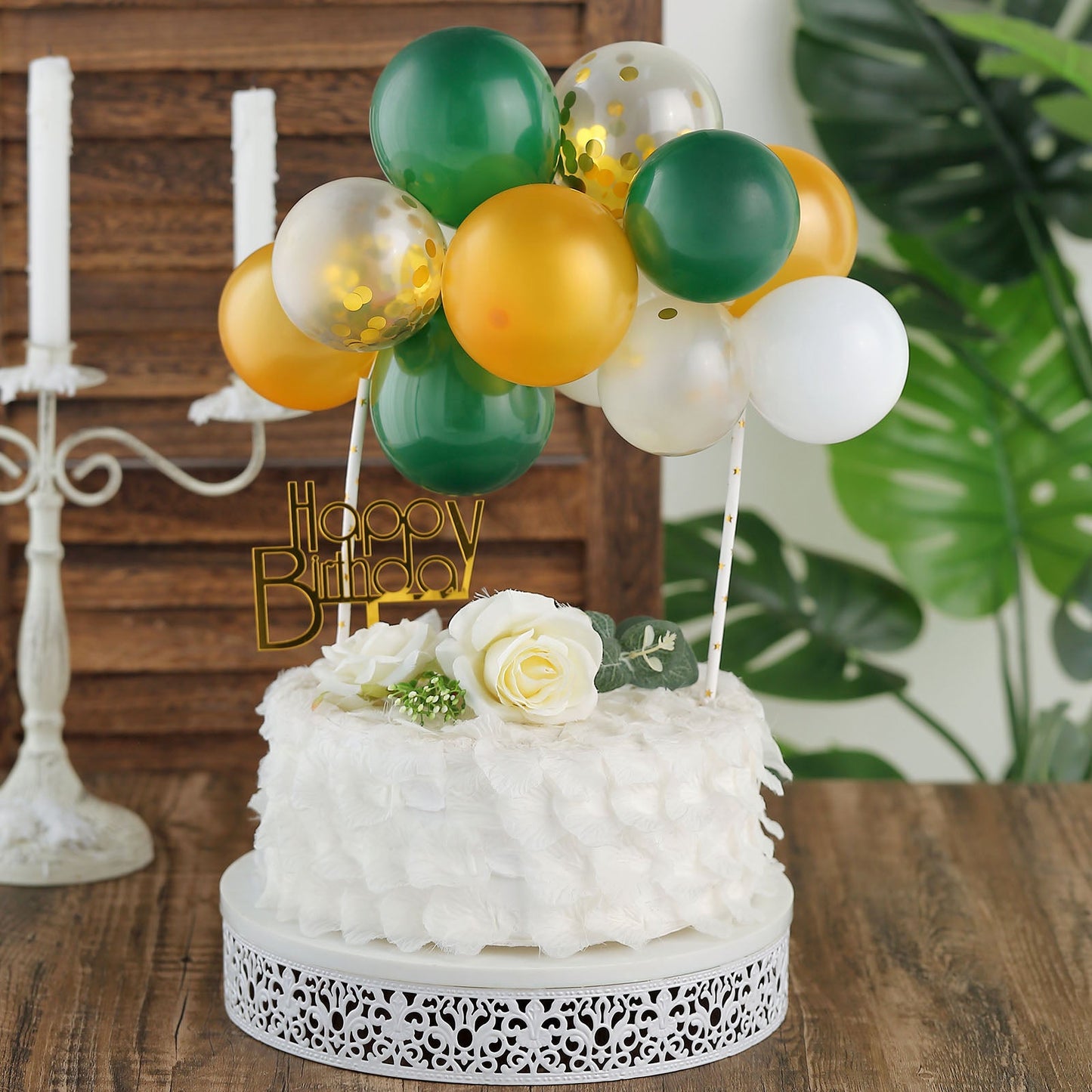 14 Pcs | Confetti Balloon Garland Cloud Cake Topper, Mini Cake Decorations - Clear, Gold, Hunter Green and White