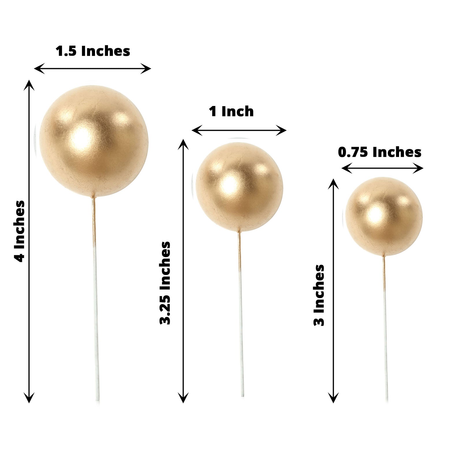 Gold faux pearl balls cake topper picks in assorted sizes for DIY decor.