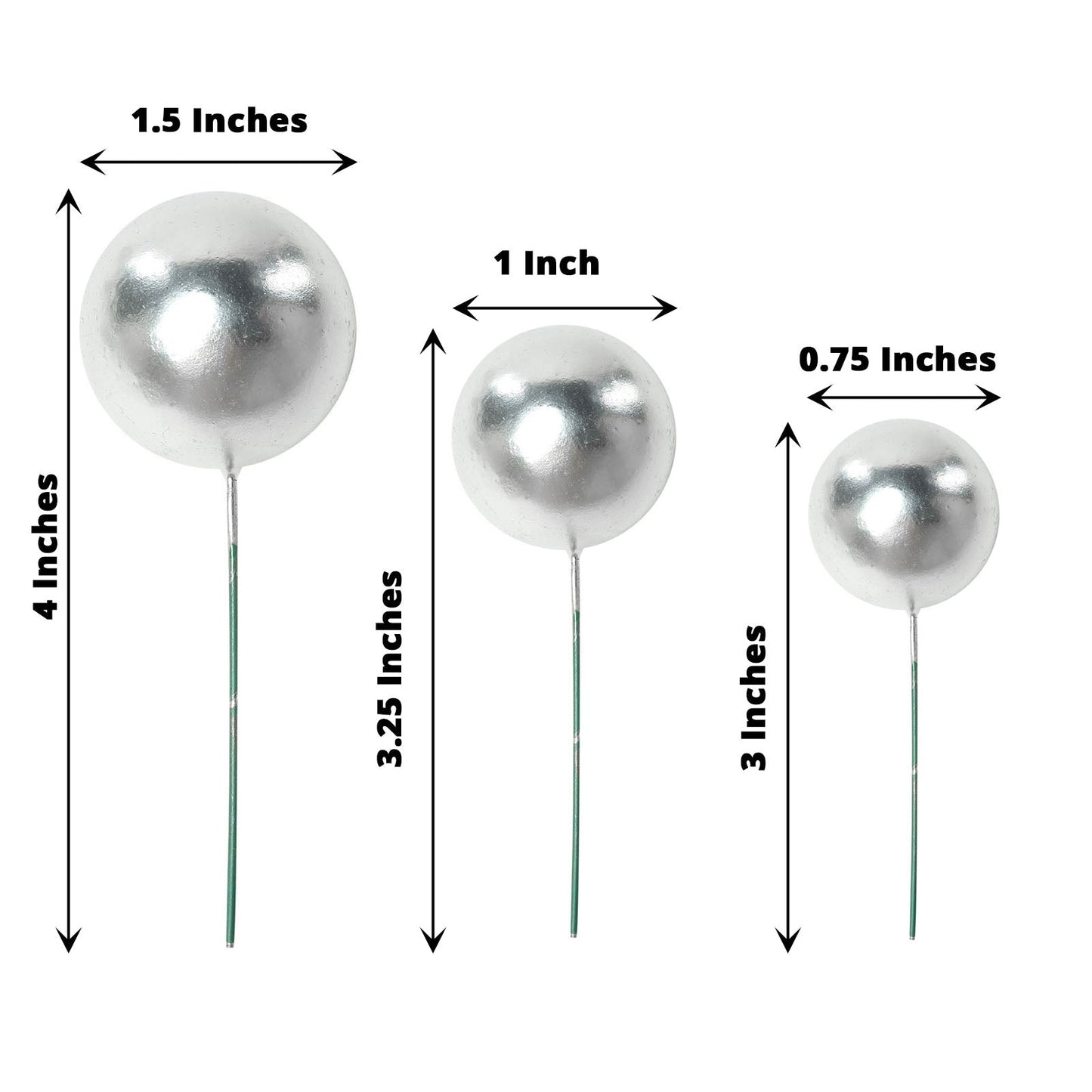 Silver faux pearl balls cake topper picks in assorted sizes.