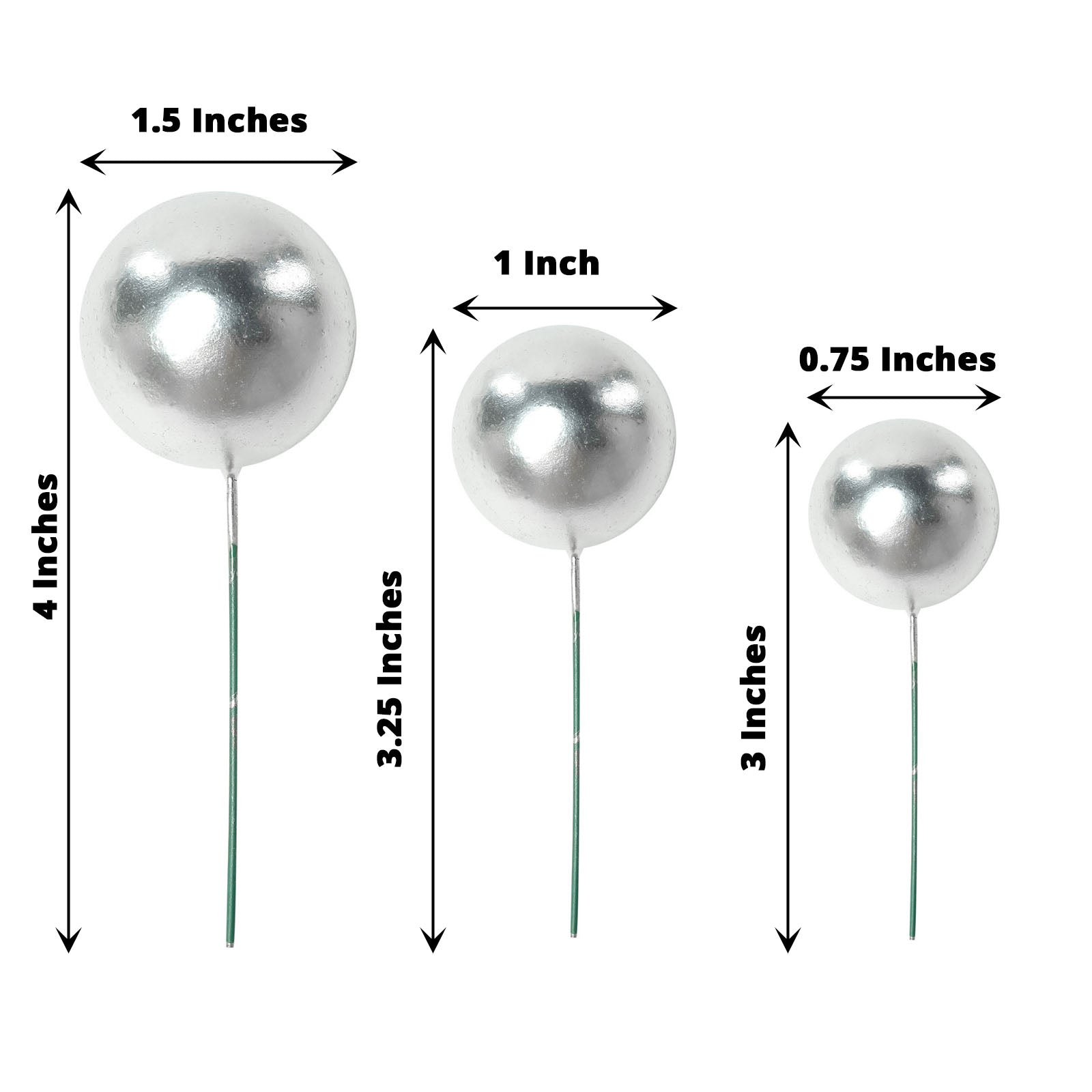 Silver faux pearl balls cake topper picks in assorted sizes.