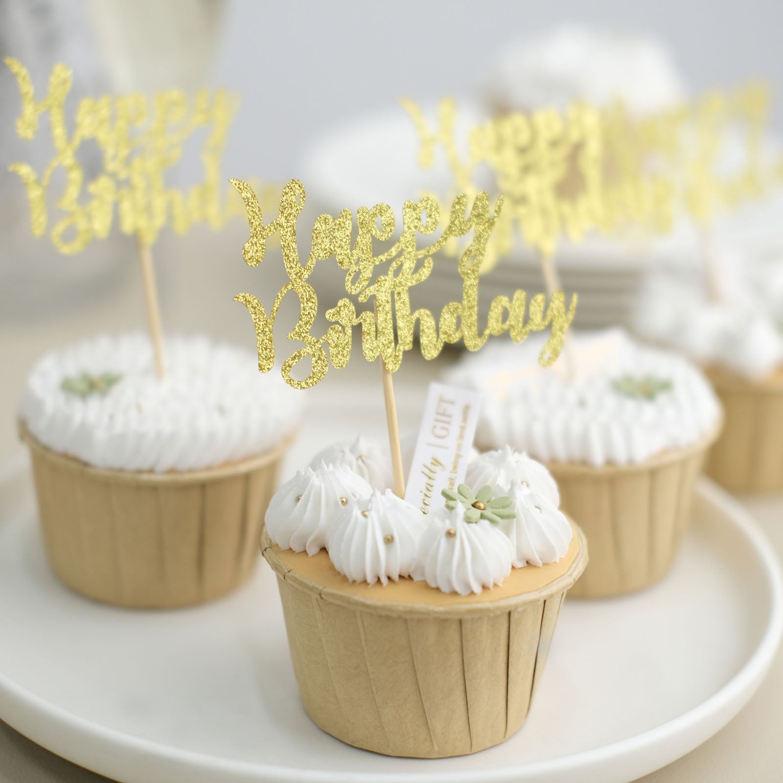 24 Pack Party Cupcake Picks with Glitter Gold Happy Birthday 
