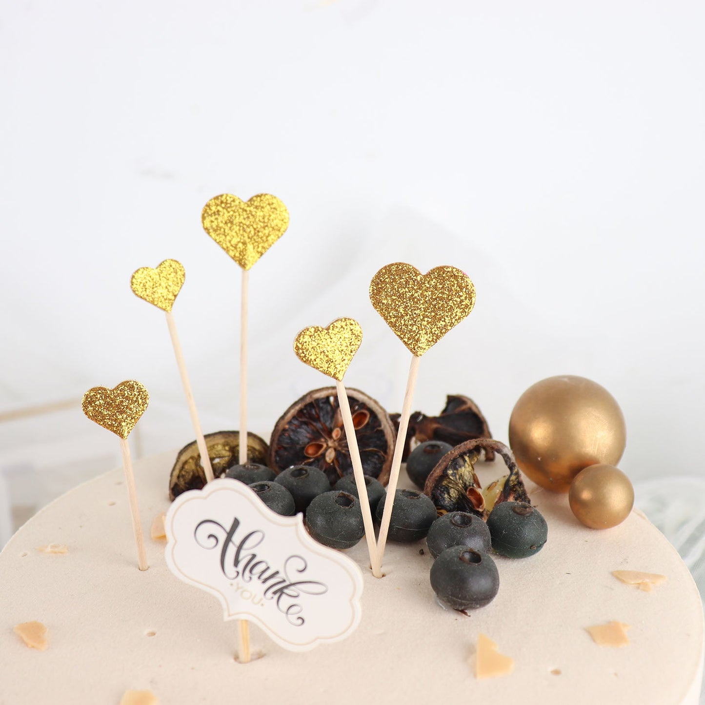 24 Pack | Gold Glitter Heart Shaped Cupcake Topper Picks, Party Cake Toppers - 4.5", 4"