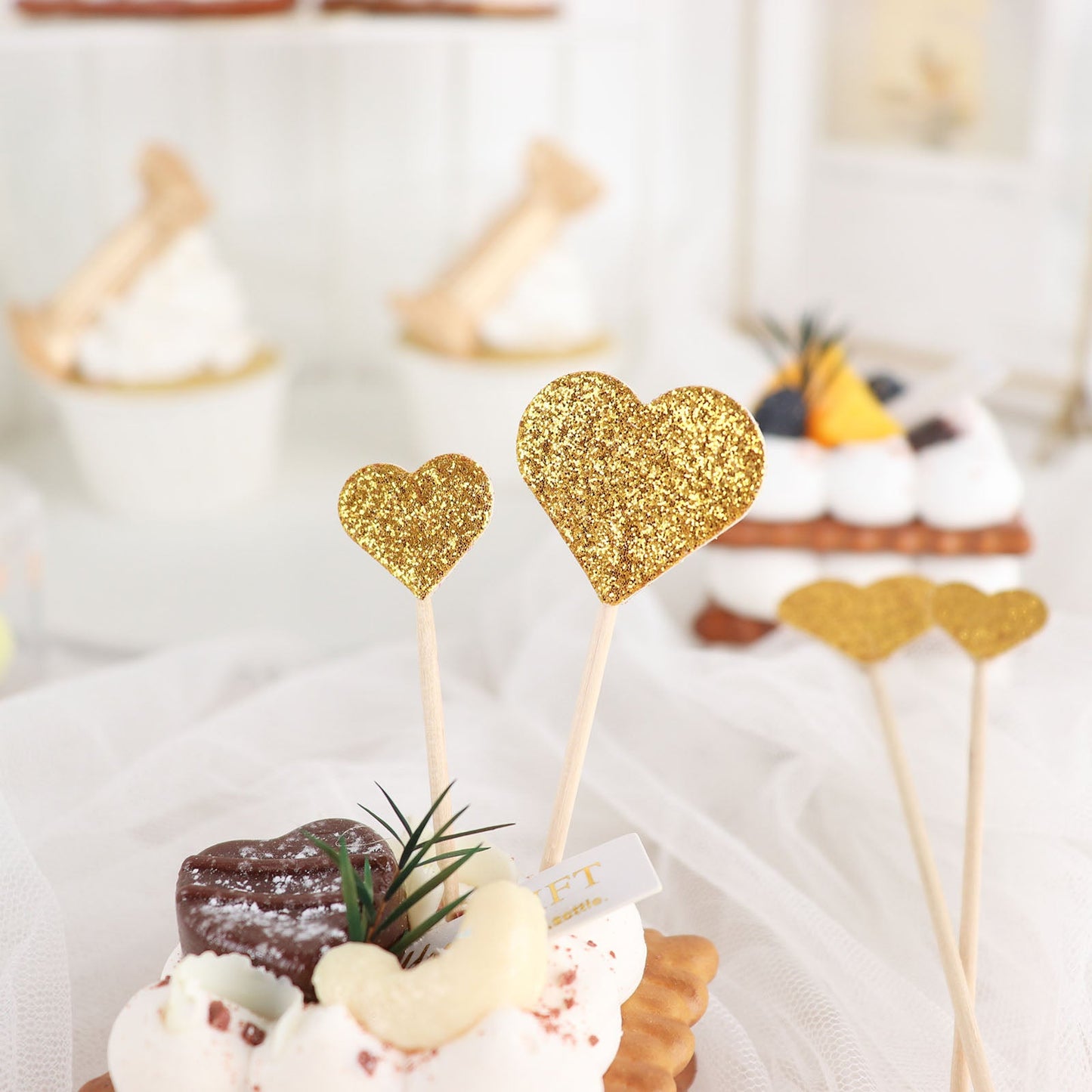 Gold Glitter Heart Cupcake Topper Picks Pack Of 24
