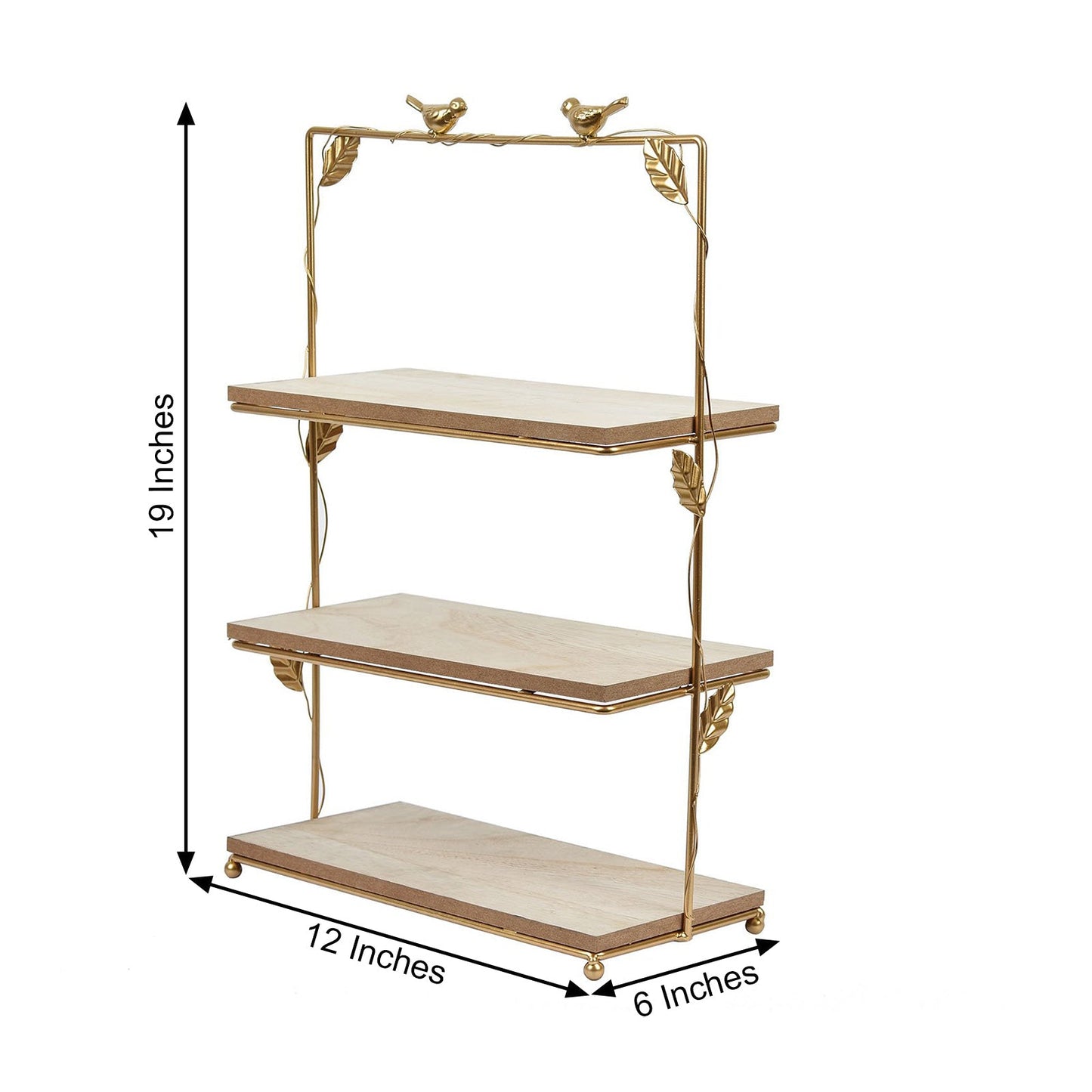 Gold 3-tier cheese board and cupcake stand with rustic wood slices.