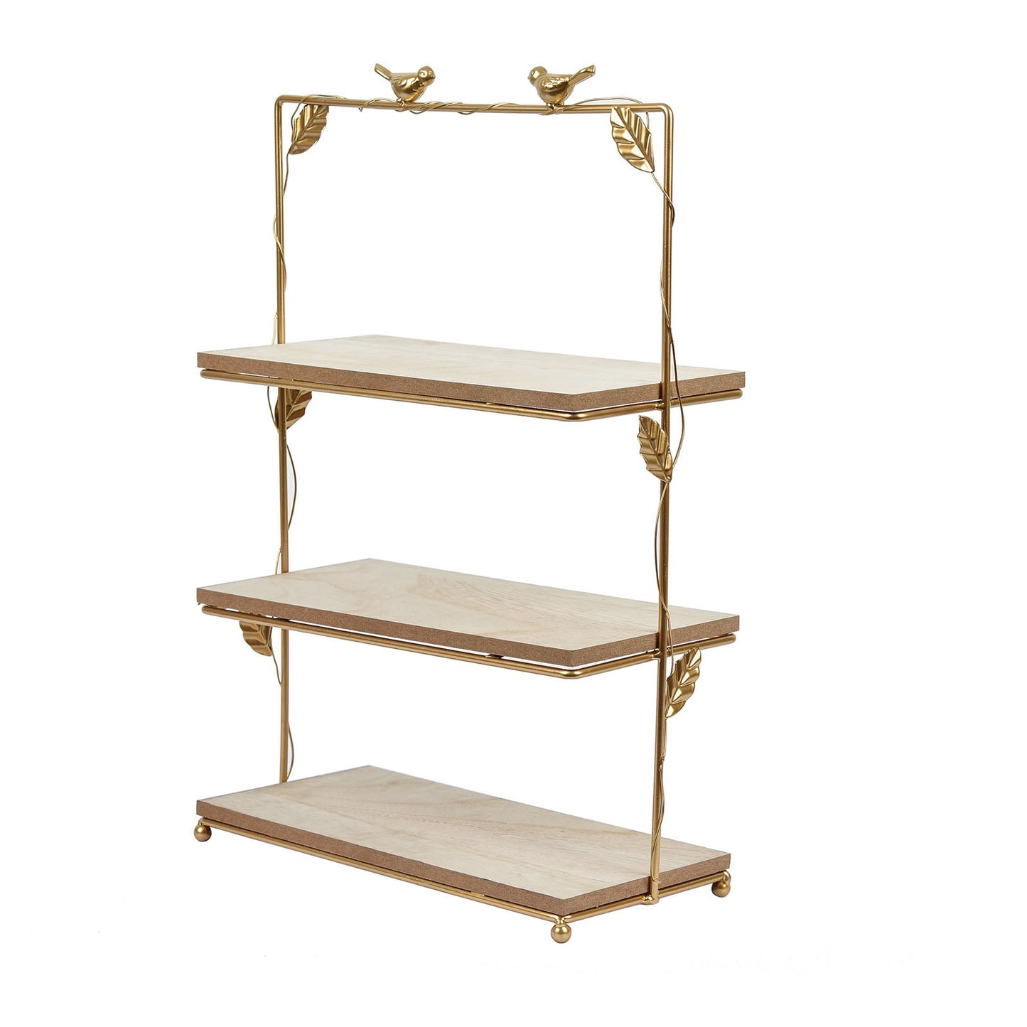 Gold and wood 3-tier cheese board cupcake stand with rustic design and assembly tools.