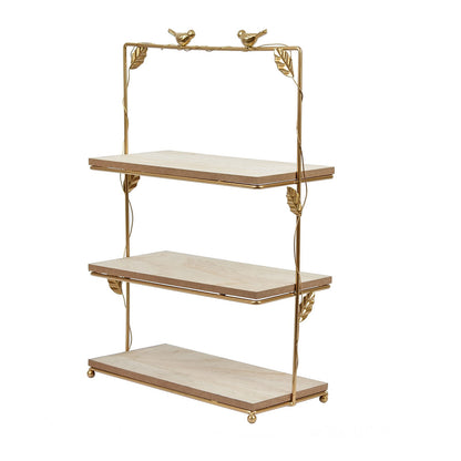 Gold and wood 3-tier cheese board cupcake stand with rustic design and assembly tools.
