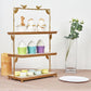 Gold 3-tier cheese board and cupcake stand with rustic wood slices.