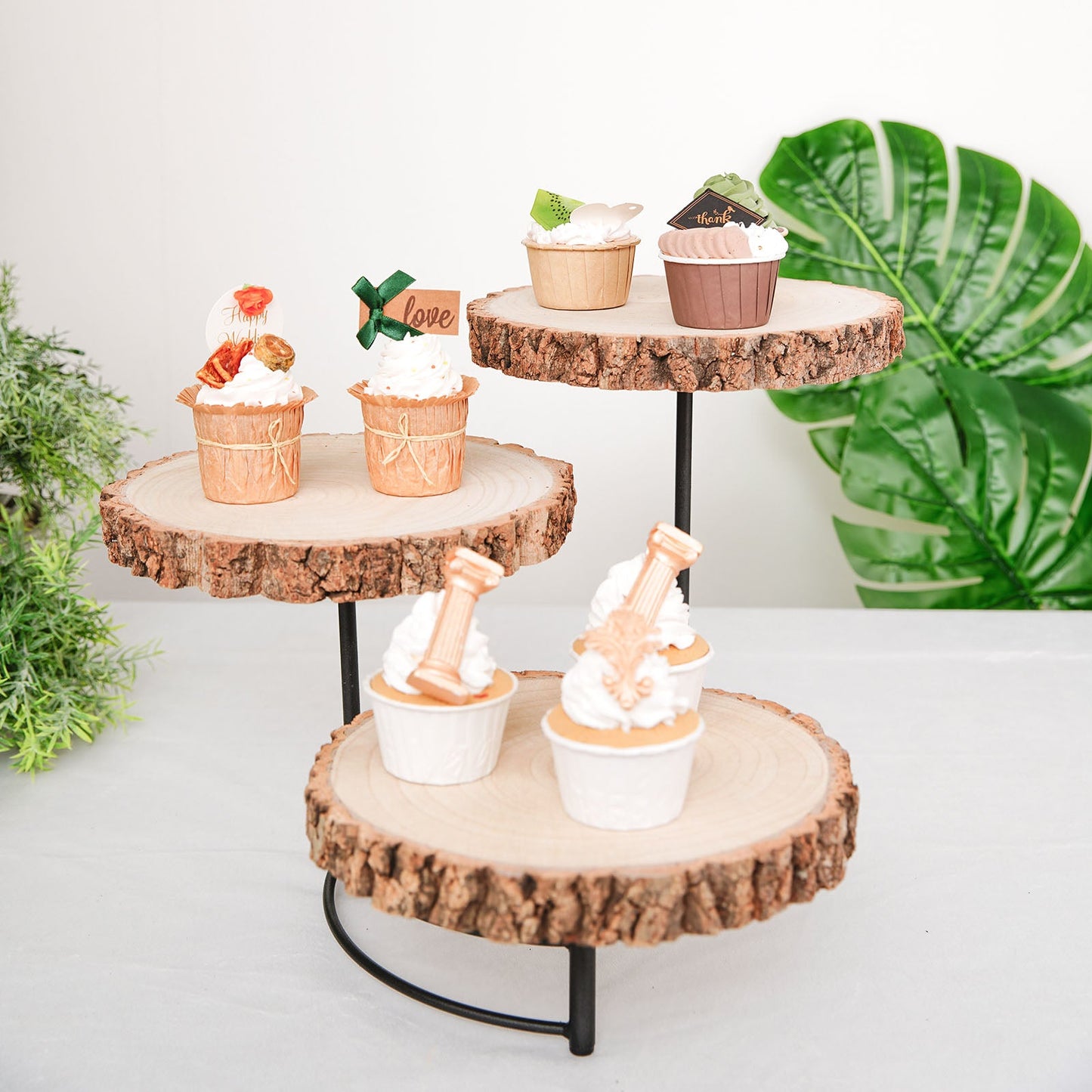 12" Tall | 3-Tier Wood Slice Cheese Board, Cupcake Stand, Half Moon Rustic Centerpiece