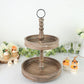 Rustic brown 2-tier wooden serving tray stand for cupcakes, farmhouse style.