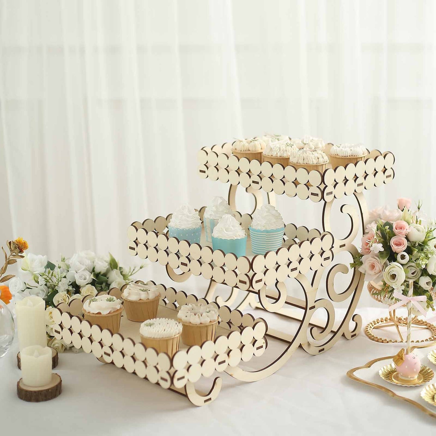 3-Tier 22" Natural Wooden Laser Cutout Dessert Serving Platter Display, Rectangular Cupcake Stand Mini Cake Tray