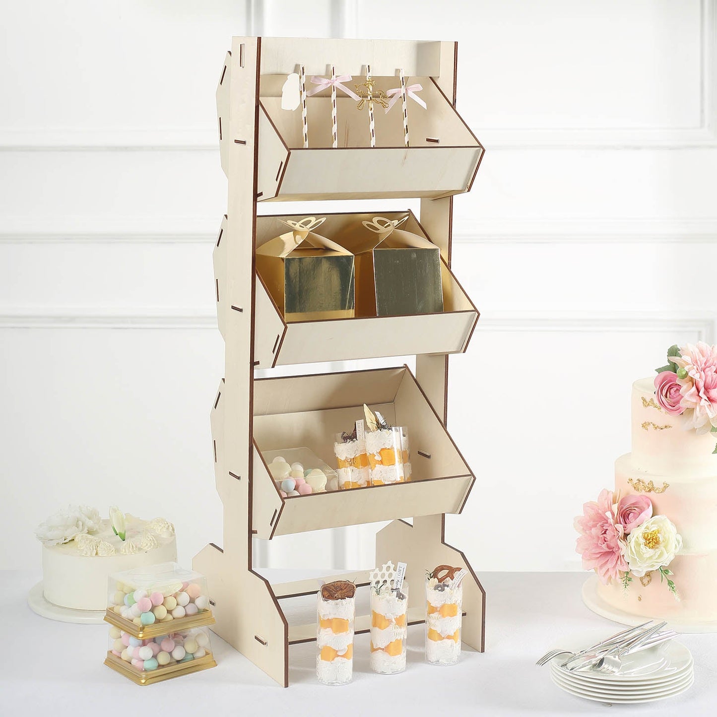 33" Natural Wooden 3-Tier Basket Floor Standing Display Rack, Rustic Tabletop Cupcake Dessert Holder Shelf Stand