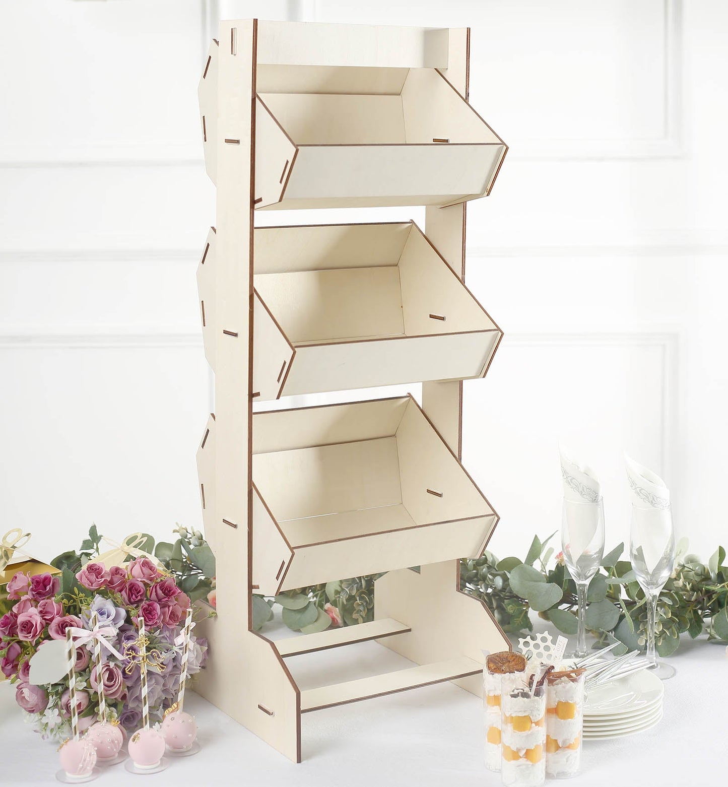 33inch Natural Wooden 3-Tier Basket Floor Standing Display Rack