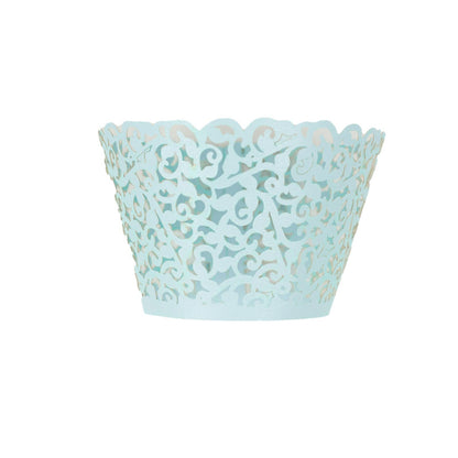 Muffin Baking Cup Trays and Paper Cupcake Wrappers with Blue Lace Laser Cut Design#whtbkgd