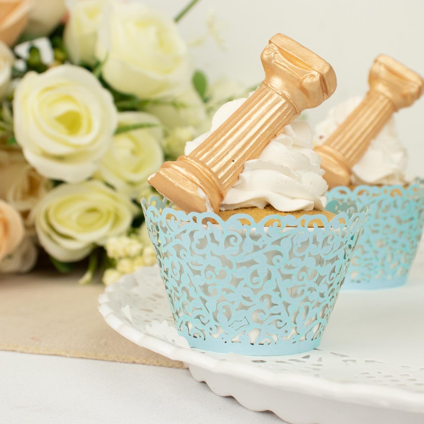 25 Pack Light Blue Lace Laser Cut Paper Cupcake Wrappers, Muffin Baking Cup Trays