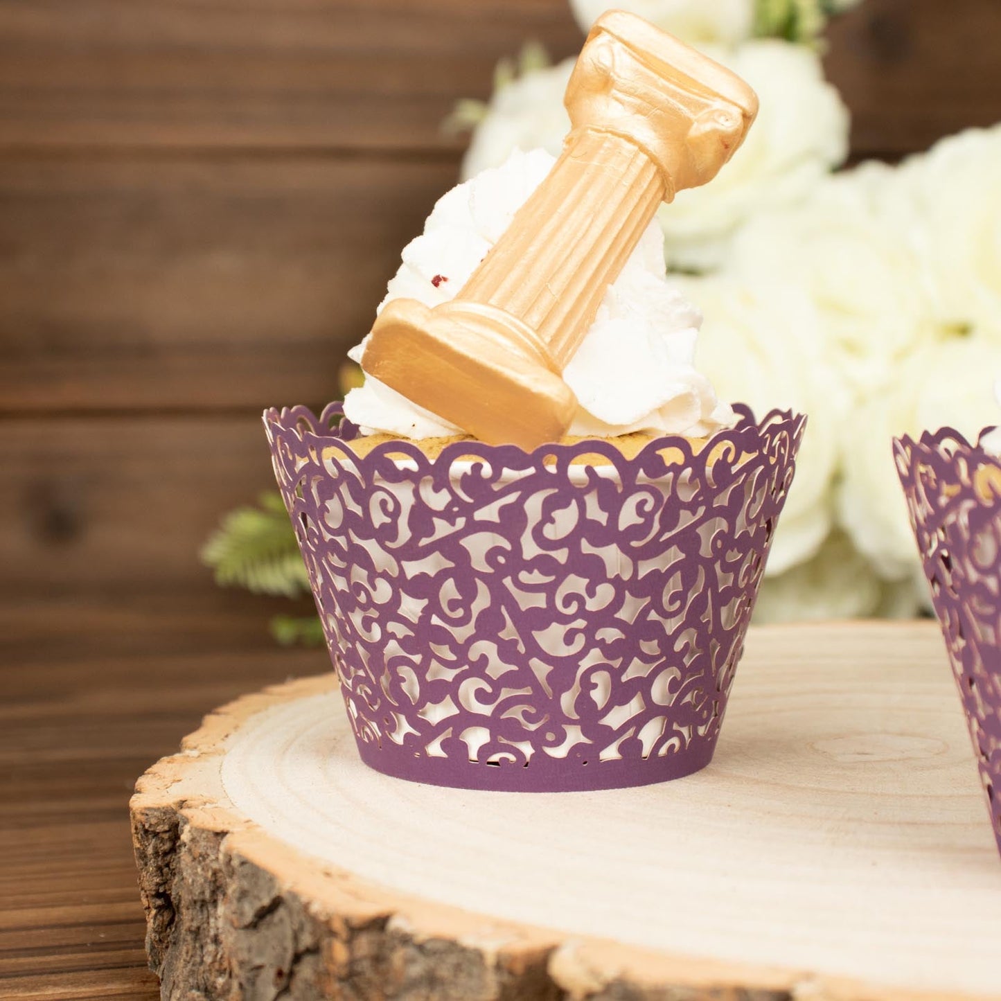 Purple lace laser cut cupcake wrappers with muffin baking cup trays.