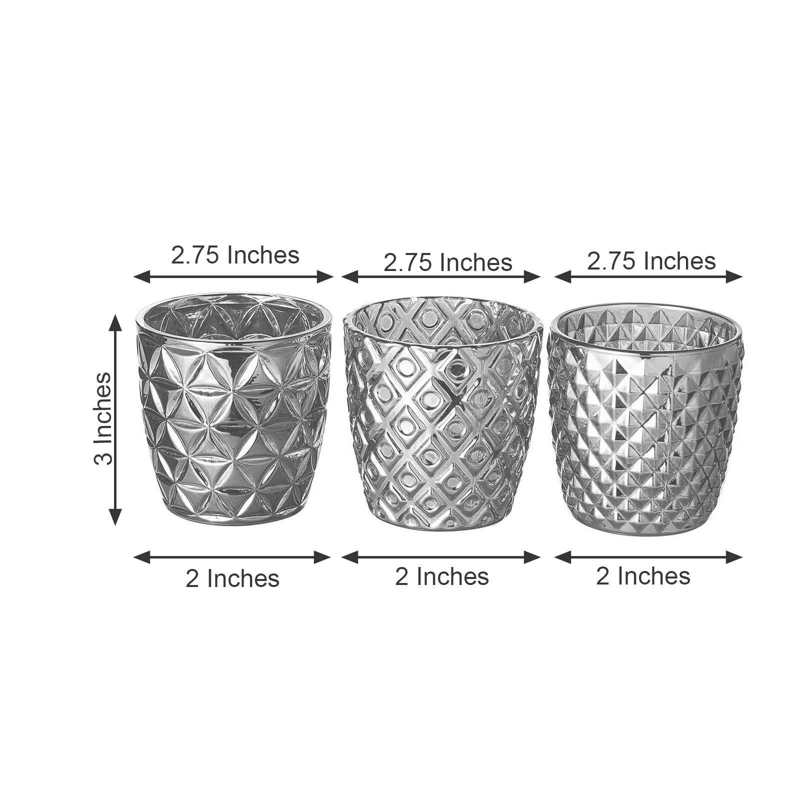 3 Inch Metallic Silver Mercury Glass Votive Tealight Candle Holders in Geometric Designs Pack of 6