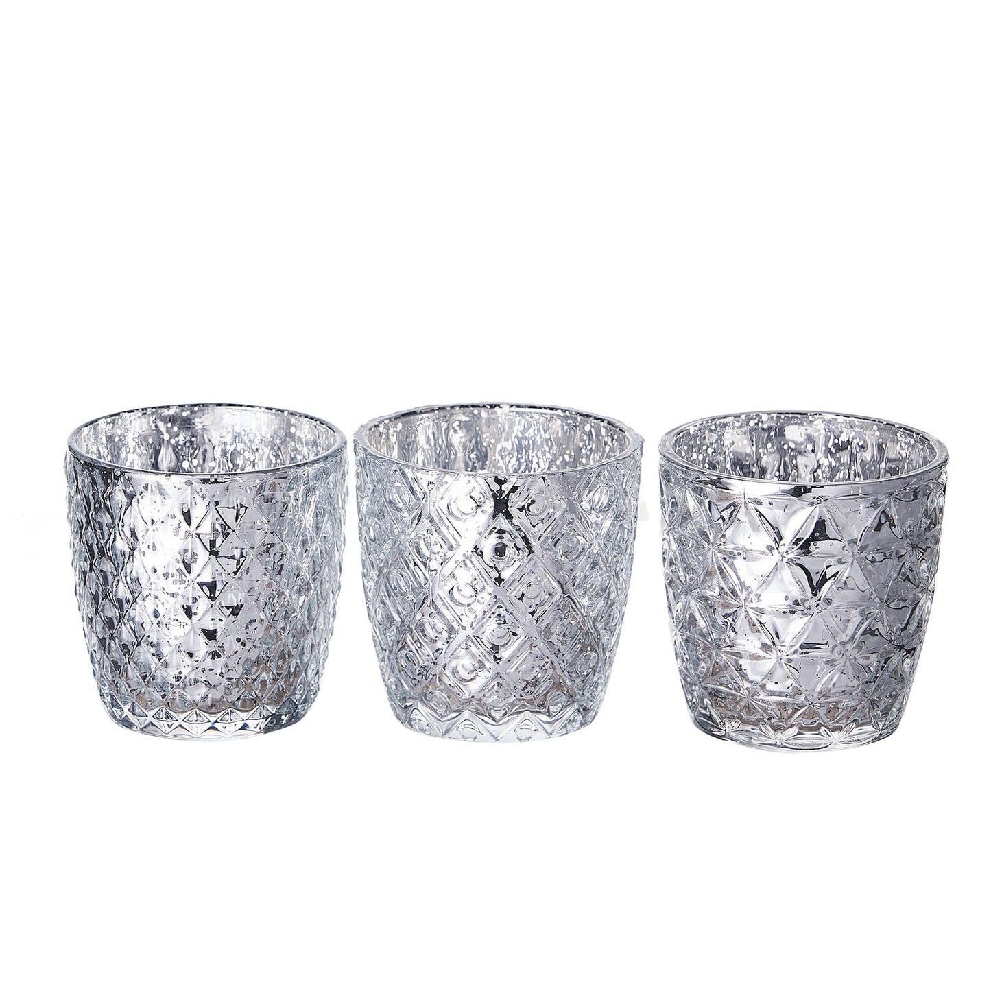 Pack of 6 Metallic Silver Tealight Votive Mercury Glass Candle in Holders Geometric Designs 3 Inch#whtbkgd