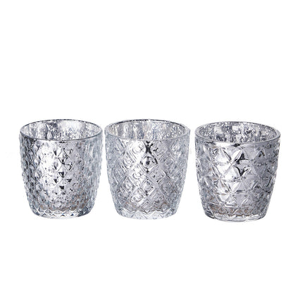 Pack of 6 Metallic Silver Tealight Votive Mercury Glass Candle in Holders Geometric Designs 3 Inch#whtbkgd