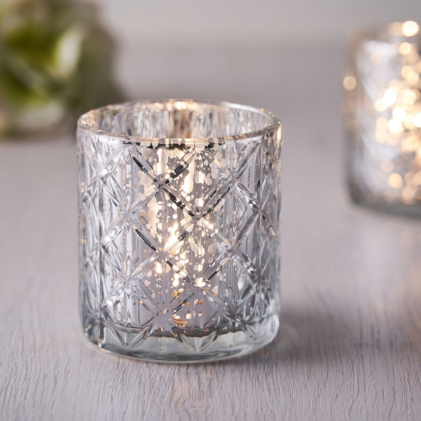 6 Pack | 3" Shiny Silver Mercury Glass Candle Holders, Votive Tealight Holders - Geometric Design