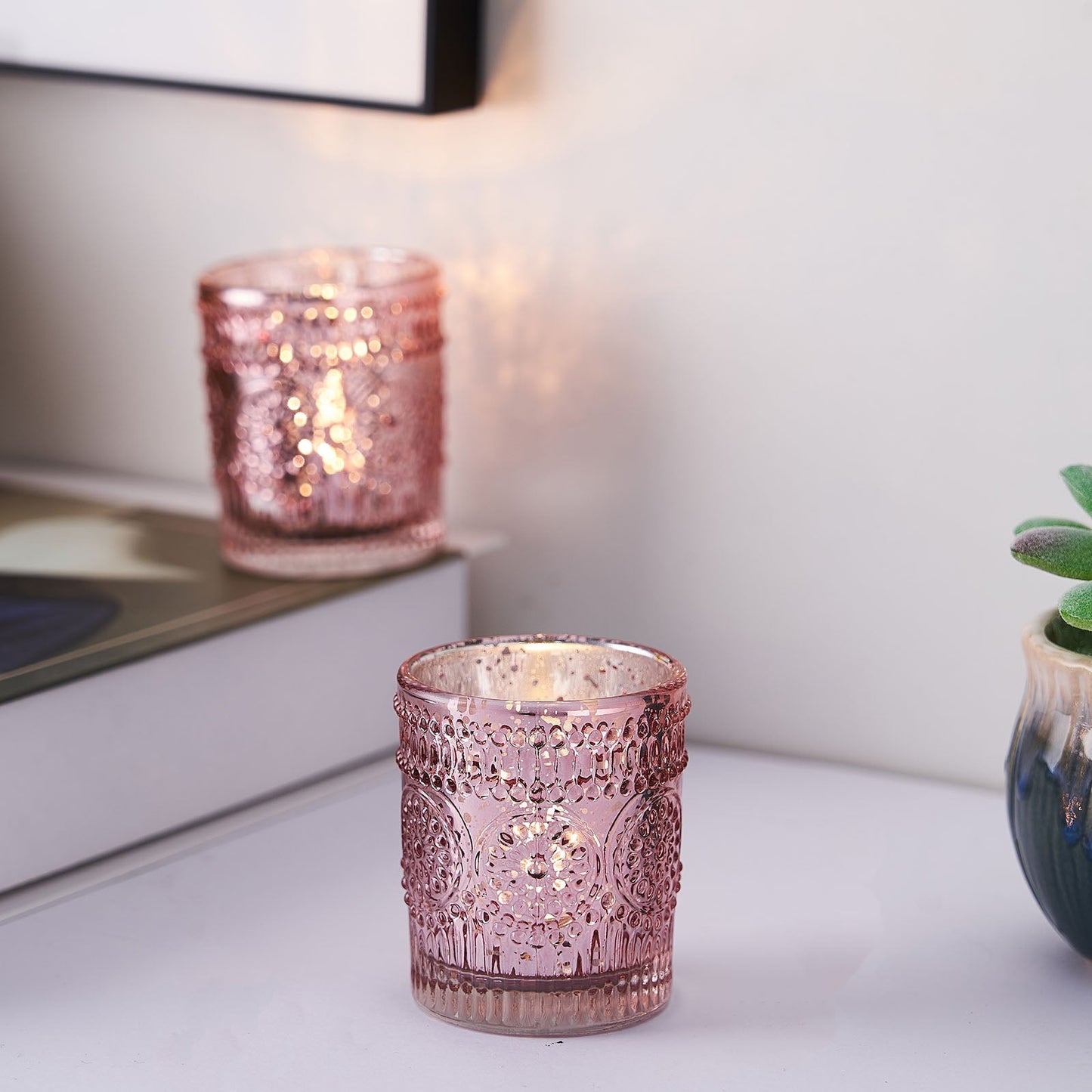 6-Pack Rose Gold Glass Votive Tealight Holders - Stylish Primrose Design for Weddings & Décor