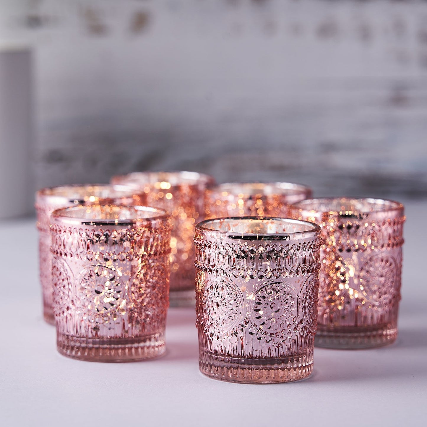 6 Pack | Blush/Rose Gold Mercury Glass Candle Holders, Votive Tealight Holders With Primrose Design