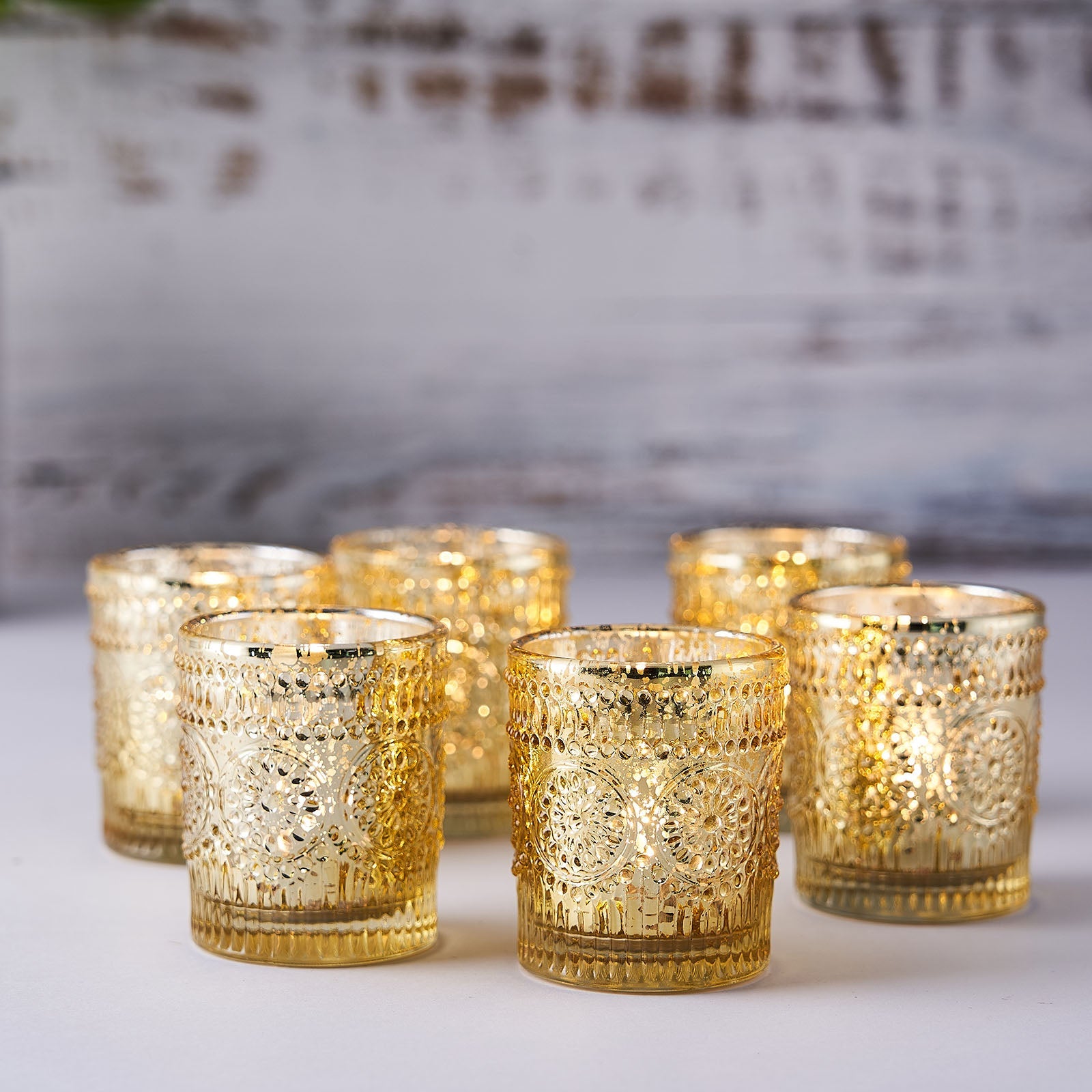 6 Pack Mercury Glass Primrose Style Votive Holders Gold
