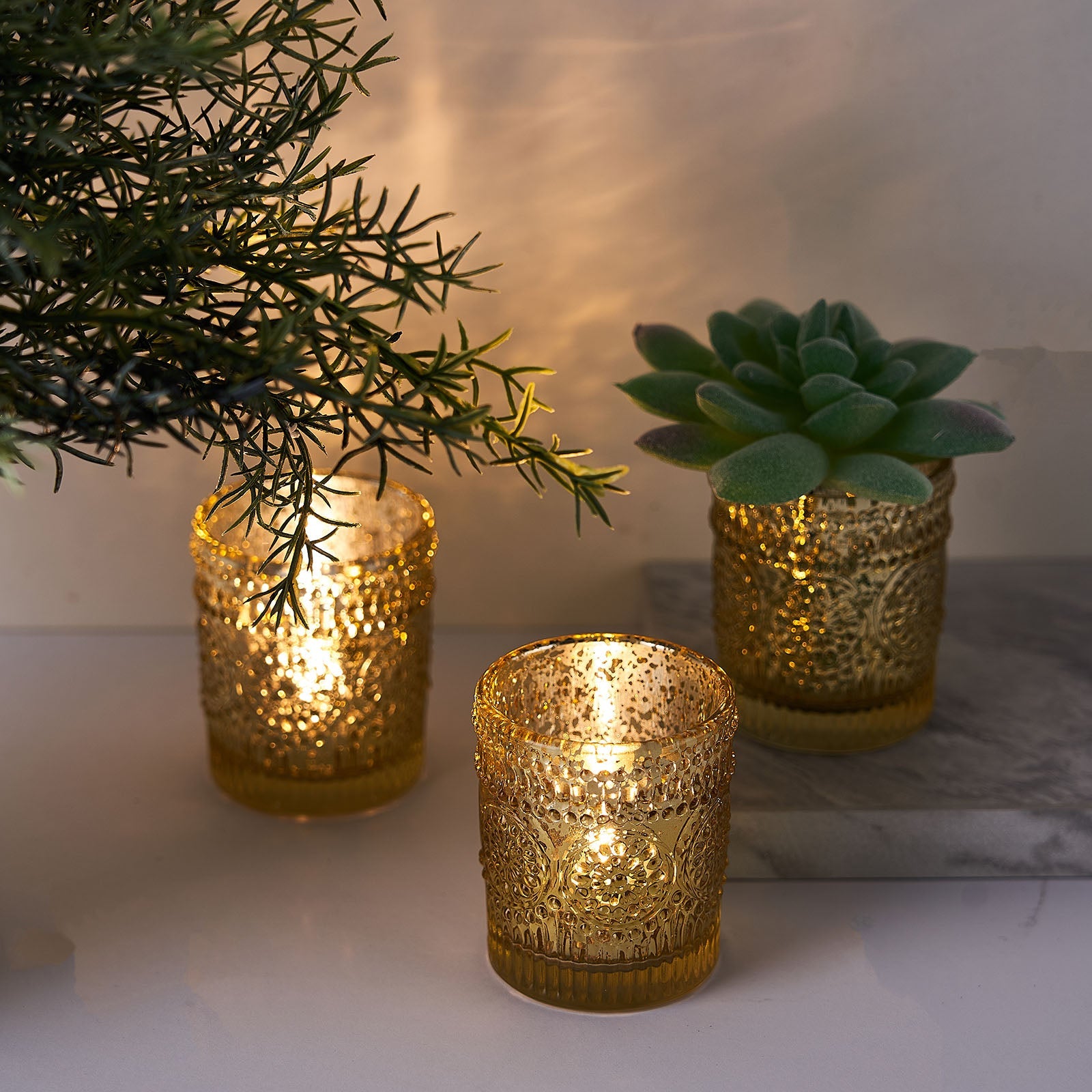 6 Pack of Gold Mercury Glass Primrose Style Candle Holders