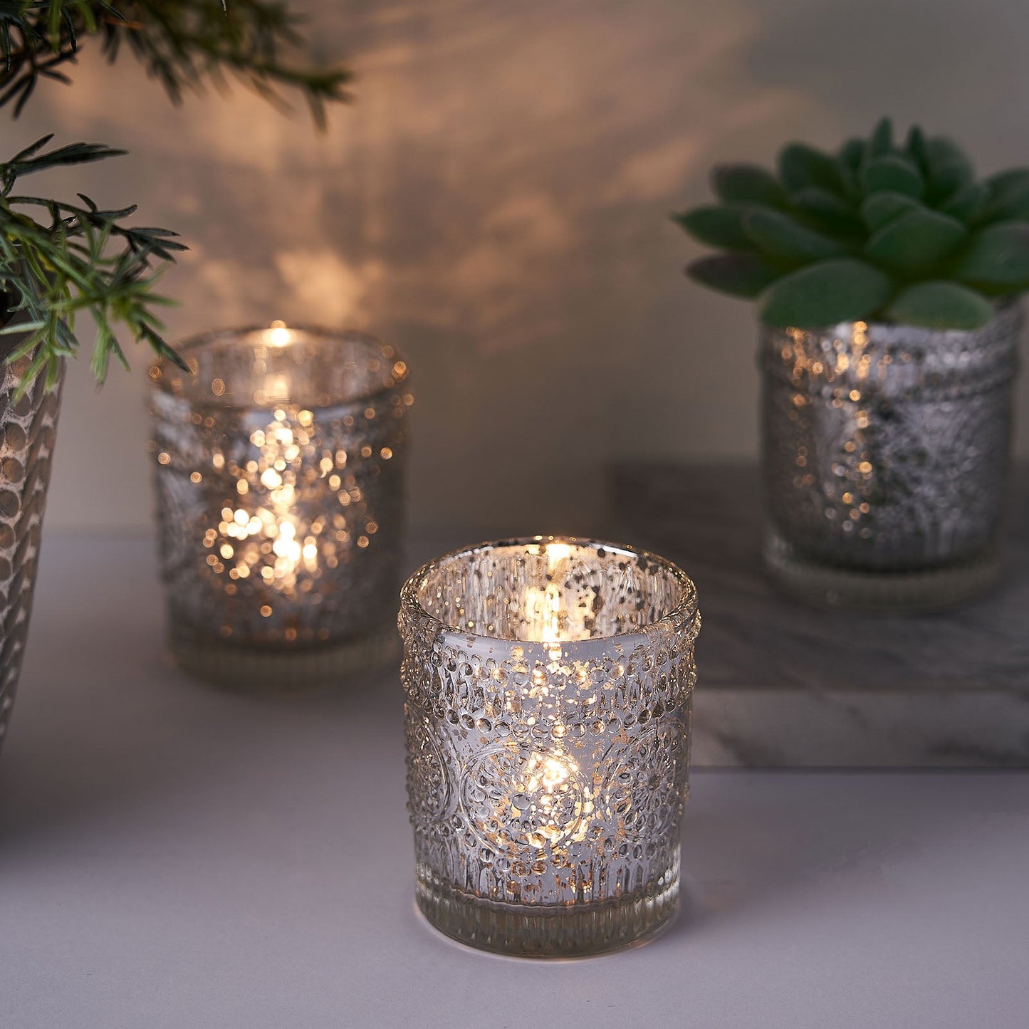 6 Pack Mercury Glass Votive Holders in Silver Primrose for Tealights