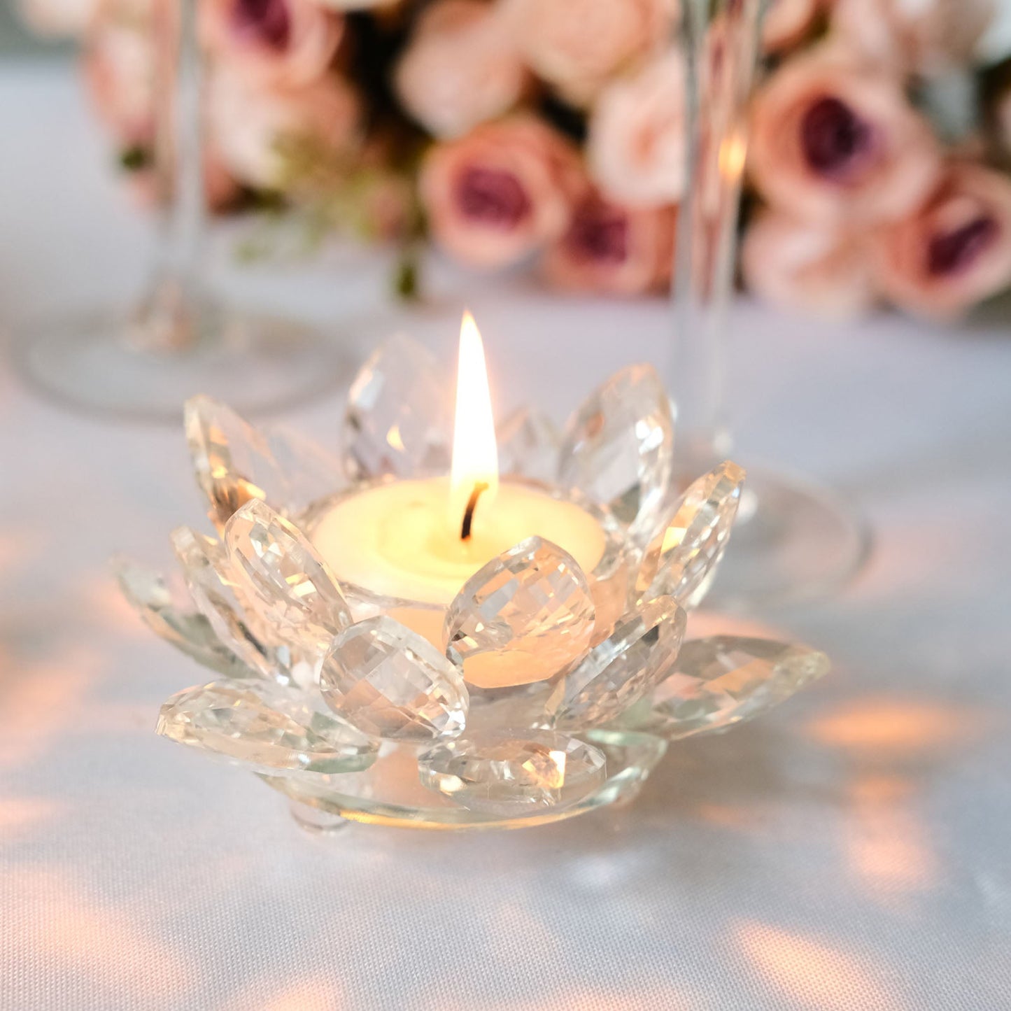 2 Pack | Clear 4.5" Crystal Glass Lotus Flower Votive Candle Holders, Tealight Taper Candle Stands