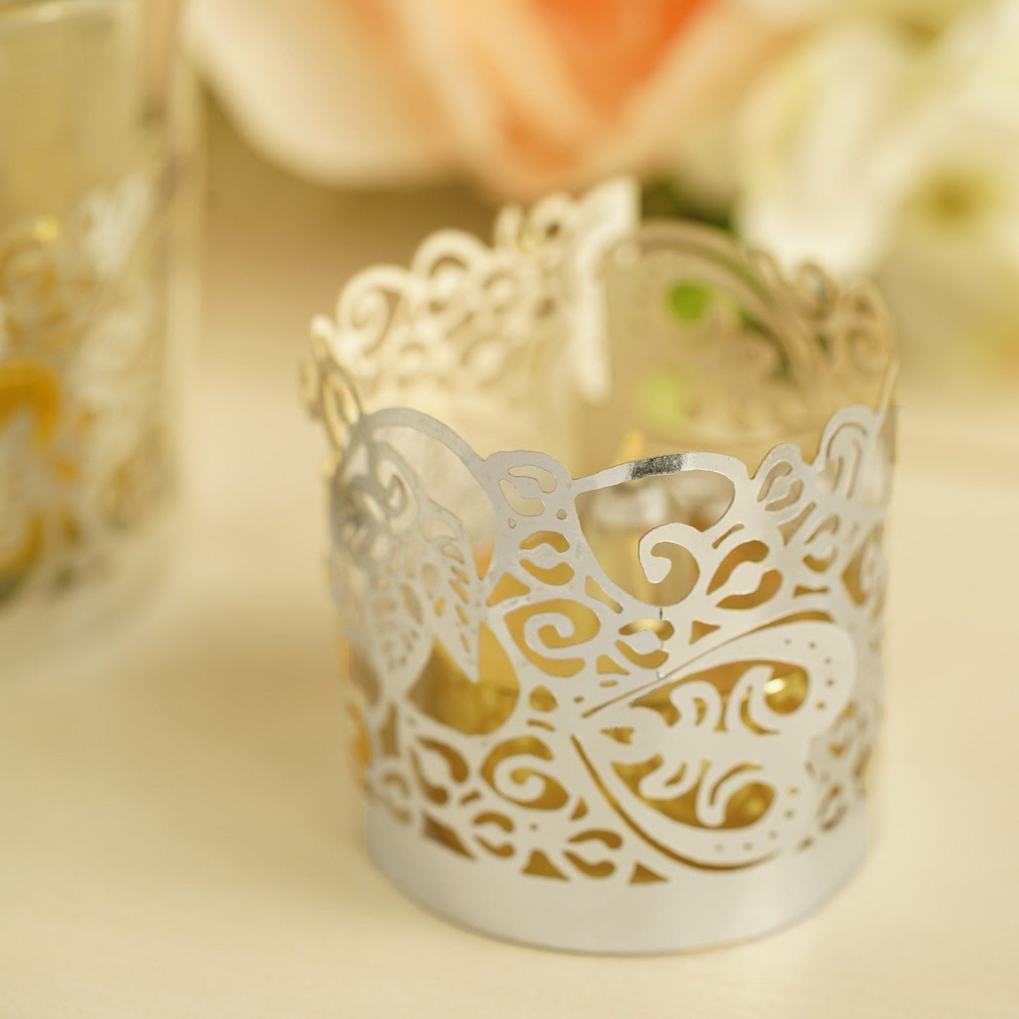 20 Pack | Silver Foil Paper Candle Wraps, Lace Votive Tealight Candle Holder Decoration